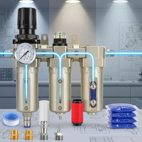 Drop In Ready 3 4 Inch NPT Air Dryer With 3 Stage Moisture Removal And Auto Drain built for 240 PSI compressor rigs, showcasing detailed components.
