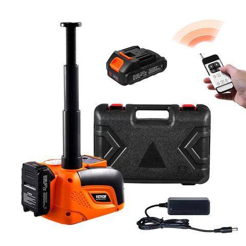 Wireless 5 Ton Electric Car Jack With Remote Control, Cordless Hydraulic Lift, carry case, battery, and charger displayed