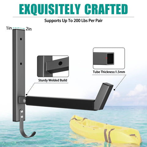 Built Like A Tank Wall Mount Kayak Storage Rack With Paddle Hooks showing sturdy welded build and capacity for 200 lbs.