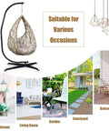 Heavy Duty C Type Hammock Stand Portable and Detachable for Hanging Hammocks Air Chairs Porch Swings Outdoor and Indoor Use Fits Most Chairs With 360 Degree Rotation Easy Assembly Durable Steel Frame supporting a wicker egg chair indoors and outdoors.