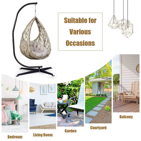 Heavy Duty C Type Hammock Stand Portable and Detachable for Hanging Hammocks Air Chairs Porch Swings Outdoor and Indoor Use Fits Most Chairs With 360 Degree Rotation Easy Assembly Durable Steel Frame supporting a wicker egg chair indoors and outdoors.