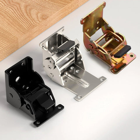 Industrial locking hinge brackets set: three 90-degree foldable leg brackets in black, silver, and gold finishes