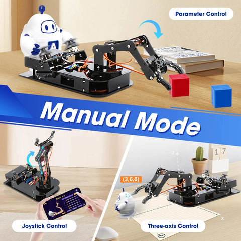 4DOF robotic arm kit for kids on a desktop; black metal frame with joystick and app control, red and blue blocks