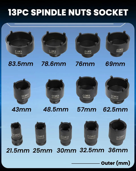 13 Piece Spindle Nut Socket Kit For KM Groove Nuts Remove And Install Locking Hub Sockets For Ball Joints And Axles, 4 Teeth Exterior