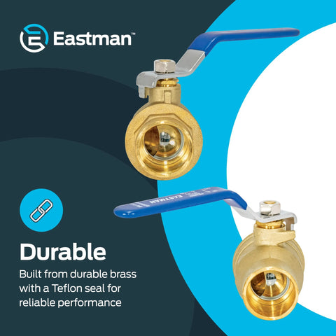 Eastman heavy-duty full-port brass ball valve pair with blue handles, 1 in sweat x 1 in sweat connections.