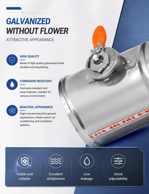 Premium Stainless Steel Air Duct Damper Featuring A Sharp Three Way Adjustable Backdraft Valve For Zero Sweat Exhaust Fan Ventilation And Pro Level Hvac Setup close-up of galvanized metal, orange handle, and adjustable components.