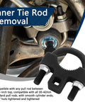 Three Eighths Inch Inner Tie Rod Removal Tool For Removing Tie Rod Ends And Steering Linkages With Grippy Teeth And Smooth Spin To Free Inner Rod Ends Handy Auto Repair Essential, black steel tool on steering linkage