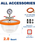 BACOENG 2.8 Qt vacuum chamber with Pyrex glass bowl and orange lid; includes gauge, hose, silencers, gaskets, and silicone mat.