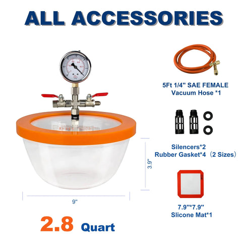 BACOENG 2.8 Qt vacuum chamber with Pyrex glass bowl and orange lid; includes gauge, hose, silencers, gaskets, and silicone mat.