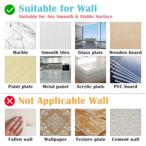 Chart showing suitable wall surfaces for Heavy Duty Sticky Hooks 4 Pack Stainless Steel Wall Hanger, including marble and tiles.