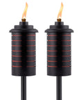 Front view of Two Pack 65 Inch Metal Black And Orange Outdoor Torches With Easy Install Lever For Patio Lawn Garden Weather Resistant Lighting Wick And Snuffer Included