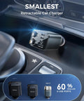 6 In 1 Retractable Car Charger With Dual Type C Cables, 99W Ultra Compact USB C Car Adapter in car dashboard, 4 USB Ports visible