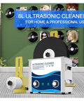 Straight Fire Vinyl Record Washer And Ultrasonic Cleaner With Six Liter Heated Tank digital timer and rotation bracket next to LPs.