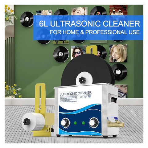 Straight Fire Vinyl Record Washer And Ultrasonic Cleaner With Six Liter Heated Tank digital timer and rotation bracket next to LPs.