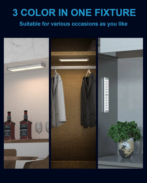 Wireless Under Cabinet Lights With 48 LED Motion Sensor And Remote Control Rechargeable Stick On Magnetic Night Lights shown in three color modes.