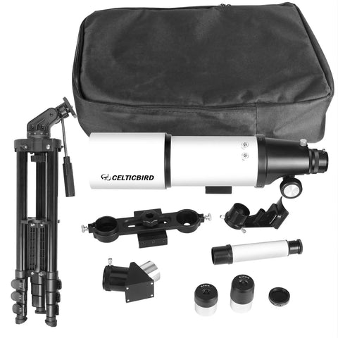 80mm Aperture 600mm Refractor Telescope with AZ Mount and accessories including backpack, phone adapter, moon filter