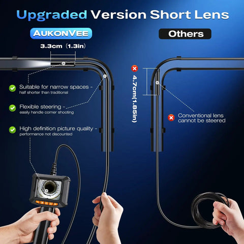 Comparison of short lens on Handheld Endoscope Camera With Light 2.8 Inch IPS Screen IP67 Waterproof Borescope with rival lenses