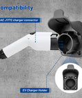 EV Charger Holder for SAE J1772 Cords, showcasing compatibility with SAE J1772 connector, durable PA plastic, wall mount design.