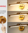 Brass 16 Inch LED Vanity Light Dimmable Wall Sconce With Adjustable Arm showing dimming levels via touch switch