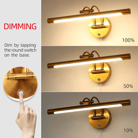 Brass 16 Inch LED Vanity Light Dimmable Wall Sconce With Adjustable Arm showing dimming levels via touch switch