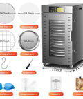Massive 360 Auto Rotate Food Dehydrator With 16 Spacious Trays, sleek stainless steel design, measuring 31.5x17x21.5 inches.