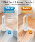 All Season Bladeless Space Heater And Tower Fan Combo With Remote Eight Speeds Quiet 25dB 90 Degree Oscillation 9H Timer