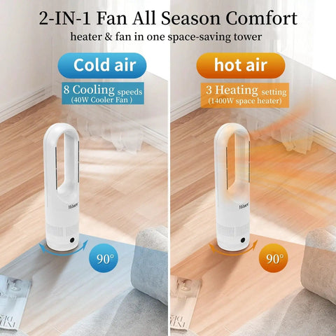 All Season Bladeless Space Heater And Tower Fan Combo With Remote Eight Speeds Quiet 25dB 90 Degree Oscillation 9H Timer
