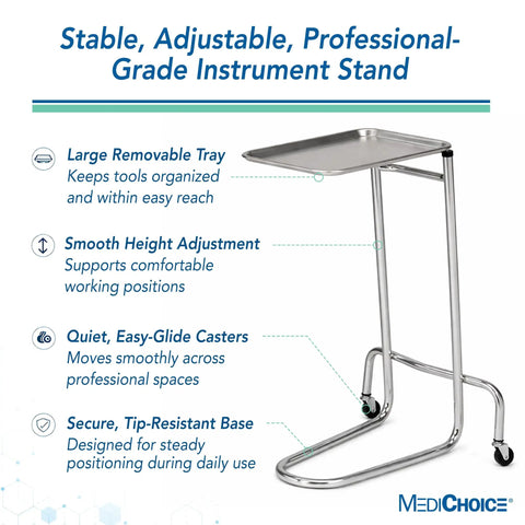 Portable Adjustable Tray Steel Premium Pro Grade Instrument Stand For Medical Dental Salon Tattoo Esthetician And Mobile Service Cart Table Height 34 To 54 Inches With Stable Chrome Base And Heavy Duty Legs