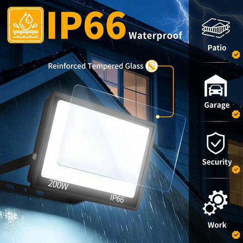 Top Shelf 200W LED Flood Lights Outdoor 2 Pack Brings Killer 24000 Lumen Glow Over Badass Properties For Solid Exterior Security And Commercial Lighting With Smart Dusk To Dawn Auto Mode In Crisp Daylight White