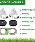 42 Inch Deck Spindle Replacement Kit For Craftsman Poulan Husqvarna Riding Mowers Includes Mandrel Assembly With Pulley And Belt Rebuild Replace OEM 532130794 153535 173436 144959 package contents showing spindles, pulleys, bolts, and belt