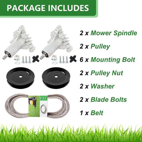 42 Inch Deck Spindle Replacement Kit For Craftsman Poulan Husqvarna Riding Mowers Includes Mandrel Assembly With Pulley And Belt Rebuild Replace OEM 532130794 153535 173436 144959 package contents showing spindles, pulleys, bolts, and belt
