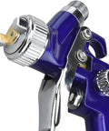 Close-up of Mini HVLP Gravity Feed Spray Gun with 1.0 Mm Nozzle, 125 CC Cup, and adjustable controls in metallic finish