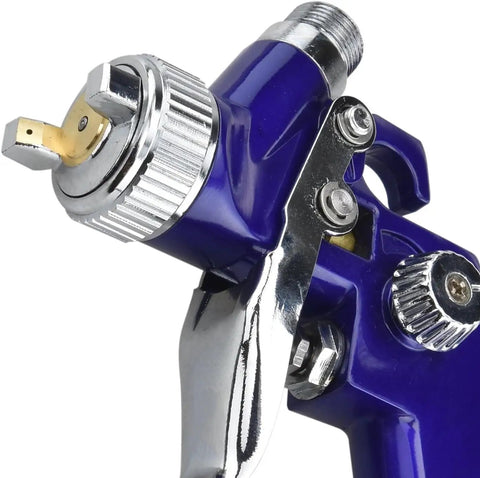 Close-up of Mini HVLP Gravity Feed Spray Gun with 1.0 Mm Nozzle, 125 CC Cup, and adjustable controls in metallic finish
