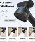 Top Shelf Stainless Steel Bathroom Sink Faucet With Slick Matte Black Finish And Full 1080 Degree Swivel Spout showing four water outlet modes.