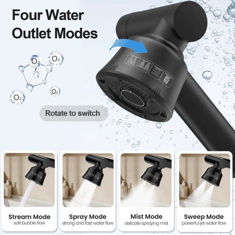 Top Shelf Stainless Steel Bathroom Sink Faucet With Slick Matte Black Finish And Full 1080 Degree Swivel Spout showing four water outlet modes.