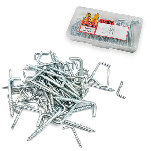 80 Piece All In One Hanging Kit With Five Sizes Spiral In Square Bend Hooks And L Brackets Zinc Plated Carbon Steel With Self Tapping Screws For Lights Planters And Mugs Perfect For Home Or Shop Use