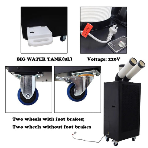 Image of Zero Hassle Setup On This Heavy Duty Dual Hose 220V Commercial Air Cooler featuring a big water tank, wheels, and dual hoses.
