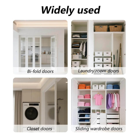 Examples of bi-fold, laundry room, closet, and sliding wardrobe doors for use with 8 Pcs Bi Fold Door Top Roller Guide Wheel And Top Pivot Spring Loaded Replacement Kit For Folding Closet Doors Barn And Sliding Cabinets DIY Friendly Easy Fix Durable Repair Supplies.