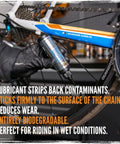 Applying BananaSlip Tungsten Wet Lube to a bicycle chain for a silky smooth ride, emphasizing ultra low friction and biodegradability.