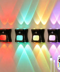 Motion Sensor Light Indoor with Remote, Rechargeable Wireless LED Sconce displayed on a wall with colorful lighting effects.