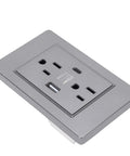 Heavy Duty Decora Outlet, 15A Dual Socket With Integrated USB C Port, rugged gray wall plate for gadget charging.