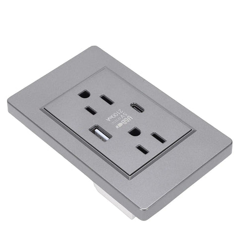 Heavy Duty Decora Outlet, 15A Dual Socket With Integrated USB C Port, rugged gray wall plate for gadget charging.