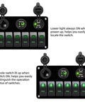12 Volt Green LED 6 Gang Rocker Switch Panel with USB Charger and Cigarette Lighter Socket Voltmeter, waterproof design.