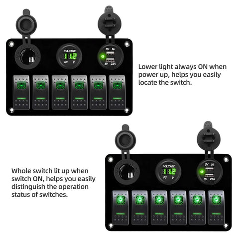 12 Volt Green LED 6 Gang Rocker Switch Panel with USB Charger and Cigarette Lighter Socket Voltmeter, waterproof design.