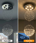 6 Light Crystal Chandelier For Dining Room And Living Room, Crystal Ball Rain Drop Flush Mount Ceiling Light Fixture On and Off View