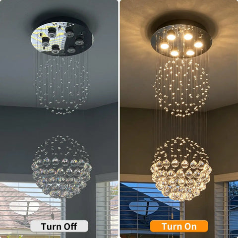 6 Light Crystal Chandelier For Dining Room And Living Room, Crystal Ball Rain Drop Flush Mount Ceiling Light Fixture On and Off View
