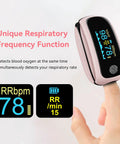 Rechargeable Pulse Oximeter With Real Time SpO2 And Pulse Rate Readouts showing 98% SpO2 and 78 bpm on finger