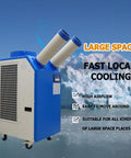 Heavy Duty Rolling Industrial Spot Cooler With 14L Reservoir And Adjustable Vents Delivers Straight Up 18700 Btu No Sweat Cooling For Workshops Garages And Outdoor Job Sites in a large space setting.