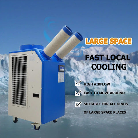 Heavy Duty Rolling Industrial Spot Cooler With 14L Reservoir And Adjustable Vents Delivers Straight Up 18700 Btu No Sweat Cooling For Workshops Garages And Outdoor Job Sites in a large space setting.