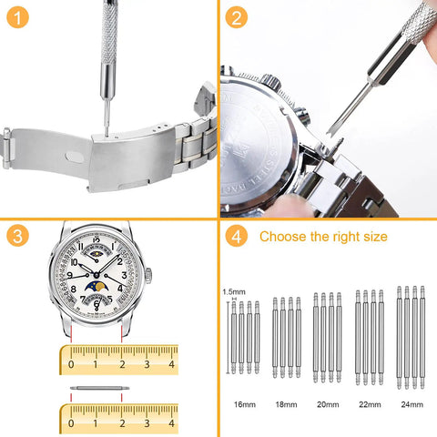 Watch Link Removal Tool Kit For Band Adjustment And Replacement, Pro Grade Watch Repair Set being used to adjust watch bracelet size
